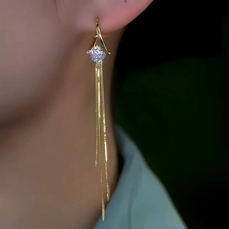 Model showcasing the dangle and style of the 14K Gold-Plated Elegant Zircon Diamond Tassel Earrings