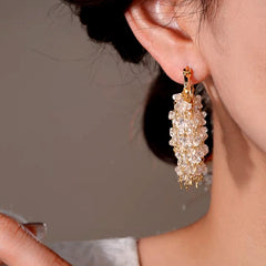 Model showcasing the dangle and style of the 14K Gold-Plated Elegant Zircon Diamond Tassel Earrings