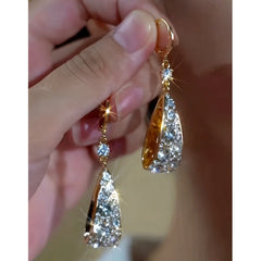 14K Gold-Plated Elegant Zircon Diamond Tassel Earrings - elegant Long Tassel Earrings