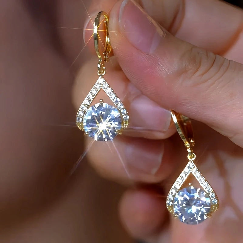 14K Gold-Plated Elegant Zircon Diamond Water Drop Earrings - elegant Gold Water Drop Earrings