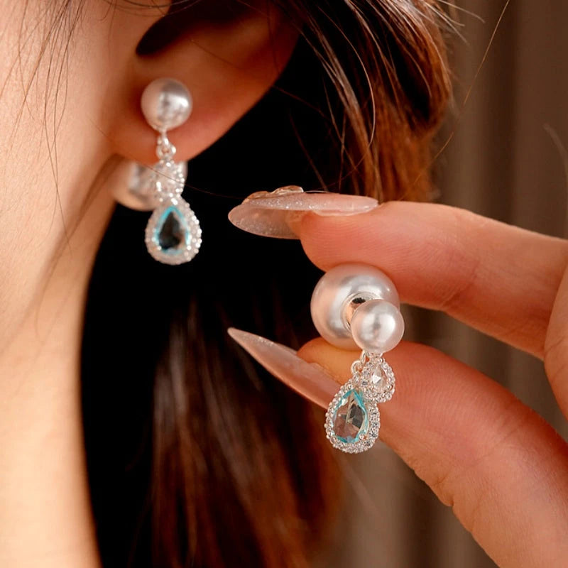 14K Gold-Plated Elegant Zircon Diamond Water Drop Pearl Jacket Earrings - elegant Pearl Jacket Earrings