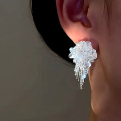 Model showcasing the dangle and style of the 14K Gold-Plated Elegant Zircon Diamond White Camellia Earrings