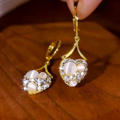 14K Gold-Plated Elegant Zircon Diamond White Cat's Eye Stone Heart Earrings - elegant White Heart Earrings