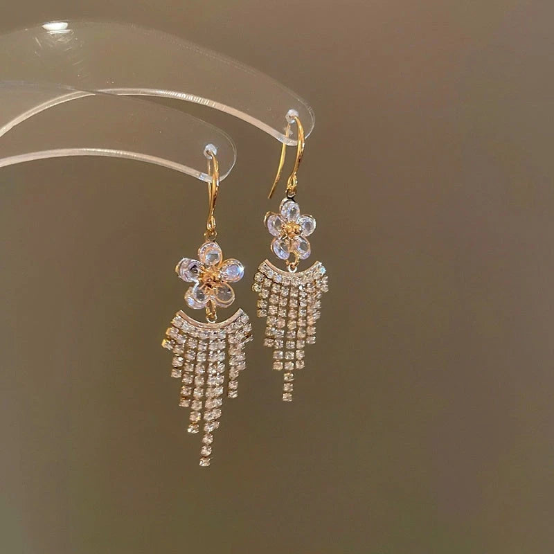 Close-up detail of the sparkling zircons and plating on the Flower Tassel Earrings