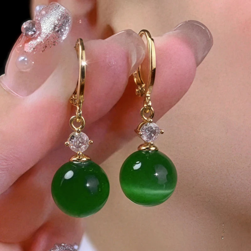 14K Gold-Plated Elegant Zircon Diiamond Cat's Eye Stone Earrings - elegant Green Cat's Eye Earrings