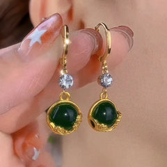 14K Gold-Plated Elegant Zircon Diiamond Green Cat Eye Stone Earrings - elegant Cat Eye Stone Earrings