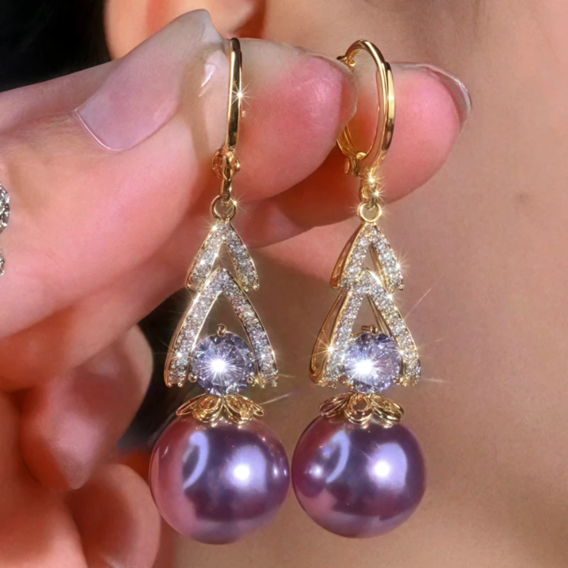 14K Gold-Plated Elegant Zircon Diiamond Pearl Earrings - elegant Purple Pearl Earrings