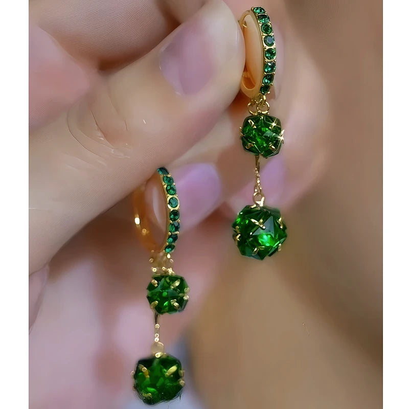 14K Gold-Plated Elegant Zircon Double-Layer Green Diamond Ball Earrings - elegant Green Ball Earrings