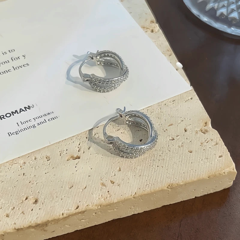 Angled view of the 14K Gold-Plated Elegant Zircon Double-Layer Hoop Earrings