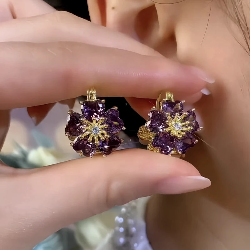 14K Gold-Plated Elegant Zircon Double-Sided Flower Earrings - elegant Double-Sided Earrings