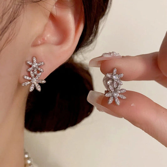 14K Gold-Plated Elegant Zircon Double Flowe Pearl Jacket Earrings - elegant Flower Jacket Earrings