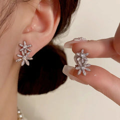 14K Gold-Plated Elegant Zircon Double Flowe Pearl Jacket Earrings - elegant Flower Jacket Earrings