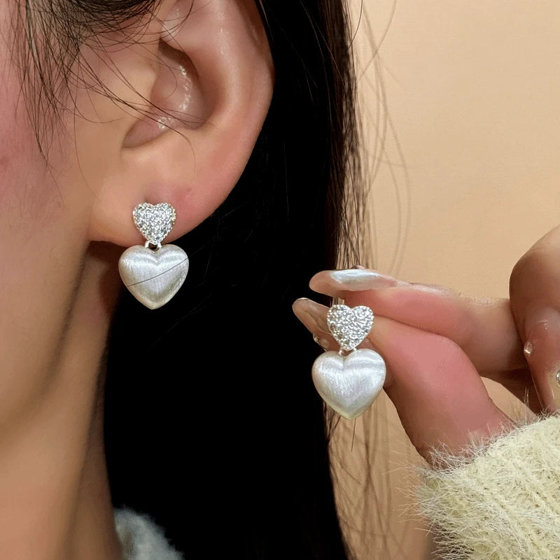 14K Gold-Plated Elegant Zircon Double Heart Earrings - elegant Double Heart Dangle Earrings