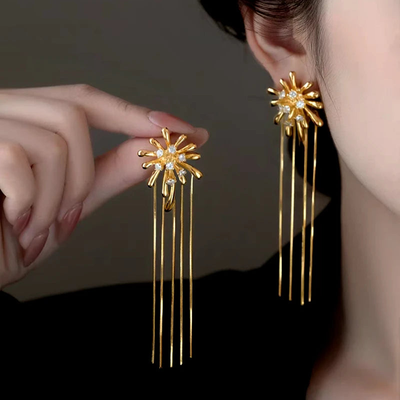 14K Gold-Plated Elegant Zircon Fireworks Tassel Earrings - elegant Tassel Dangle Earrings