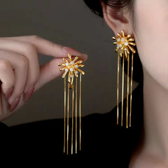 14K Gold-Plated Elegant Zircon Fireworks Tassel Earrings - elegant Tassel Dangle Earrings