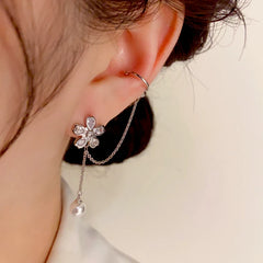 14K Gold-Plated Elegant Zircon Flower Ear Clip Tassel Earrings - elegant Ear Clip Tassel Earrings