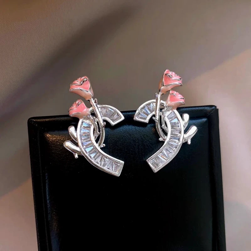 Angled view of the 14K Gold-Plated Elegant Zircon Flower Earrings