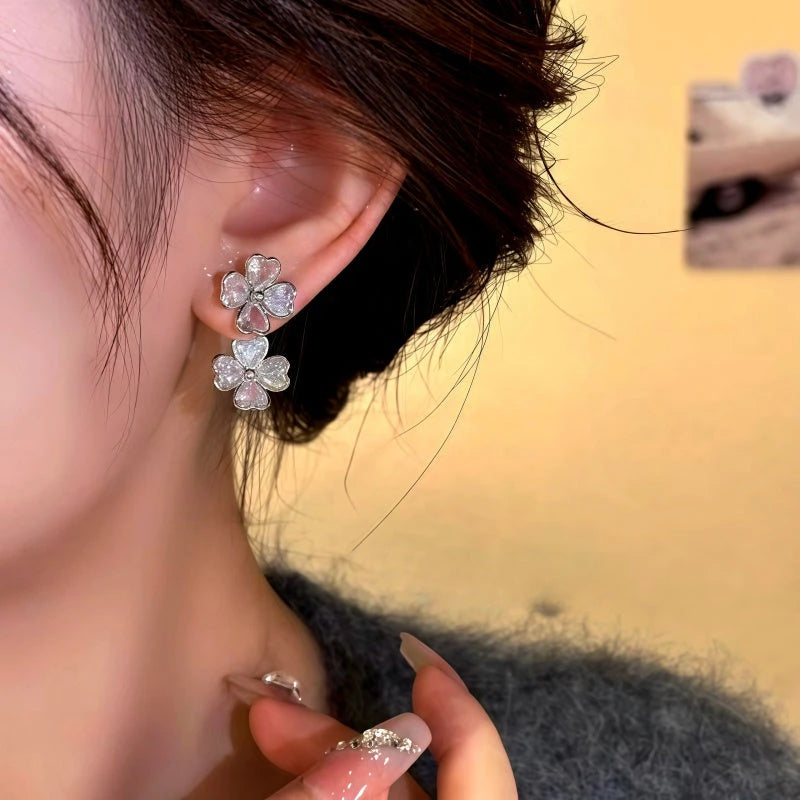 Close-up detail of the sparkling zircons and plating on the Flower Jacket Earrings