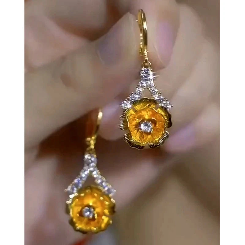 14K Gold-Plated Elegant Zircon Flower Earrings - elegant gold flower earrings