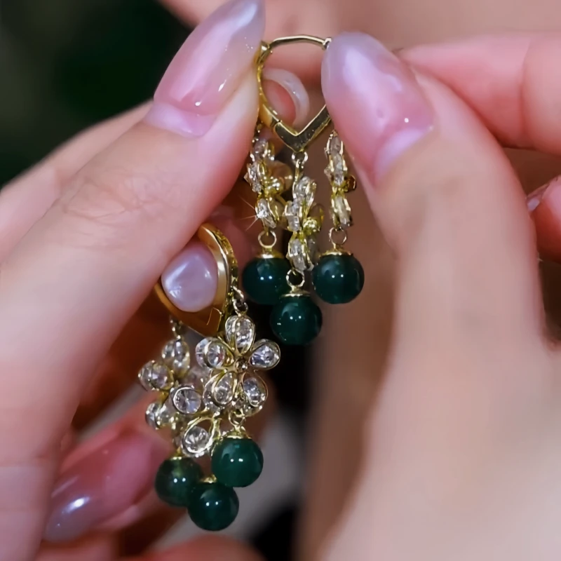 14K Gold-Plated Elegant Zircon Flower Green Bead Tassel Earrings - elegant gold tassel earrings