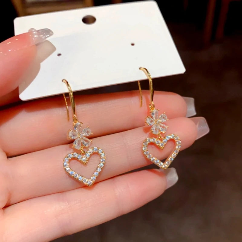 14K Gold-Plated Elegant Zircon Flower Heart Ear Hooks - elegant gold threader earrings