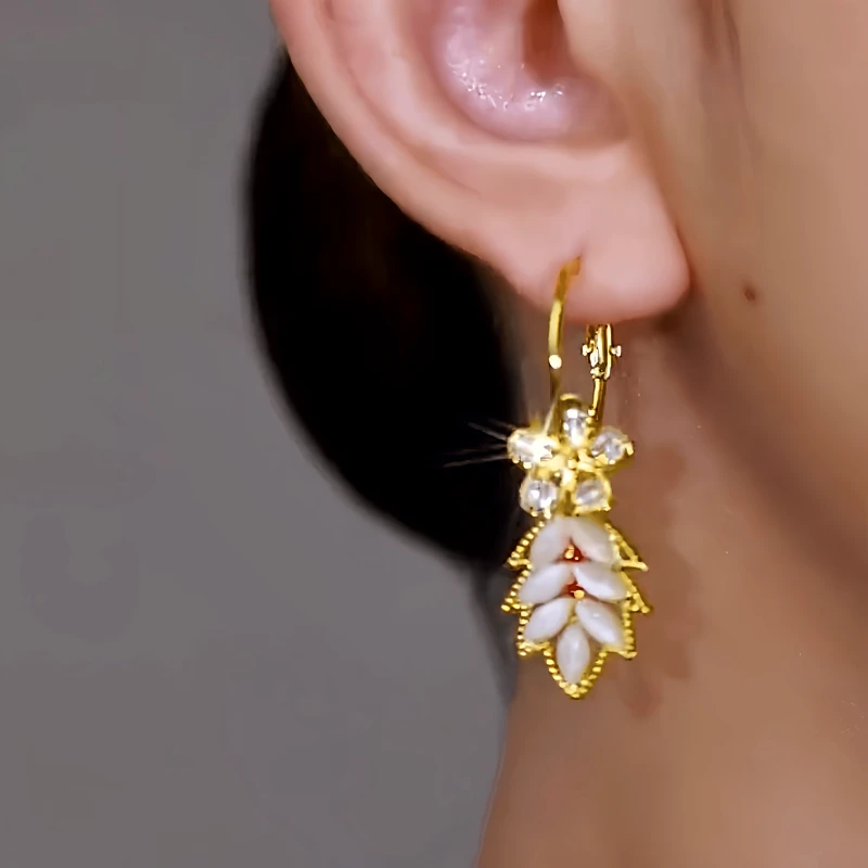 14K Gold-Plated Elegant Zircon Flower Leaf Tassel Earrings - elegant gold tassel earrings