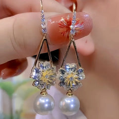 14K Gold-Plated Elegant Zircon Flower Pearl Ear Hook Earrings - elegant gold pearl earrings