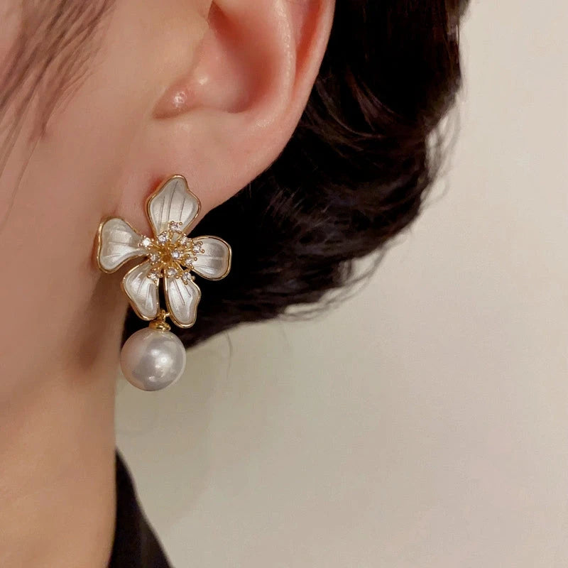 14K Gold-Plated Elegant Zircon Flower Pearl Earrings - elegant gold pearl earrings