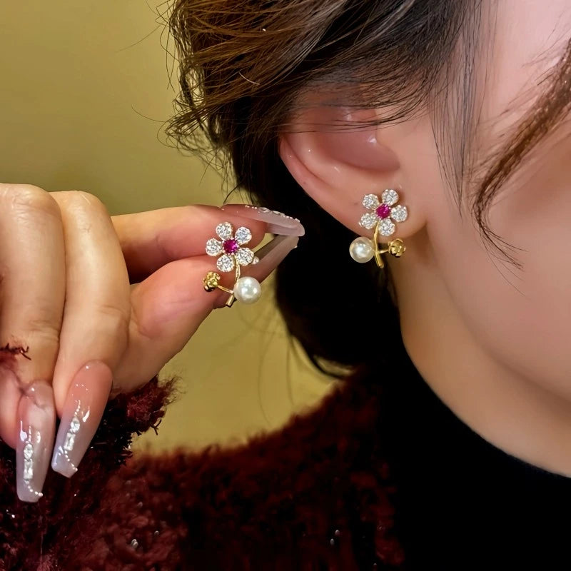 14K Gold-Plated Elegant Zircon Flower Pearl Earrings - elegant gold flower earrings