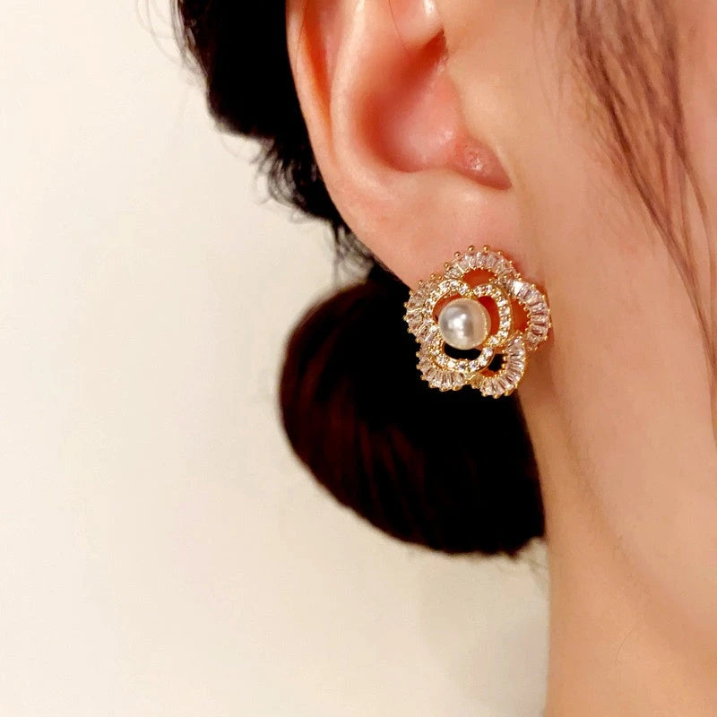 14K Gold-Plated Elegant Zircon Flower Pearl Stud Earrings - elegant gold flower earrings