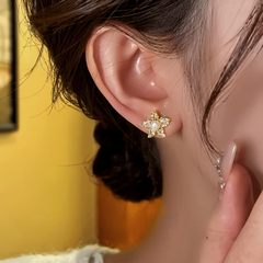Close-up detail of the sparkling zircons and plating on the gold flower earrings