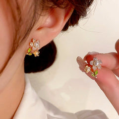 14K Gold-Plated Elegant Zircon Flower Pearl Stud Earrings - elegant gold flower earrings