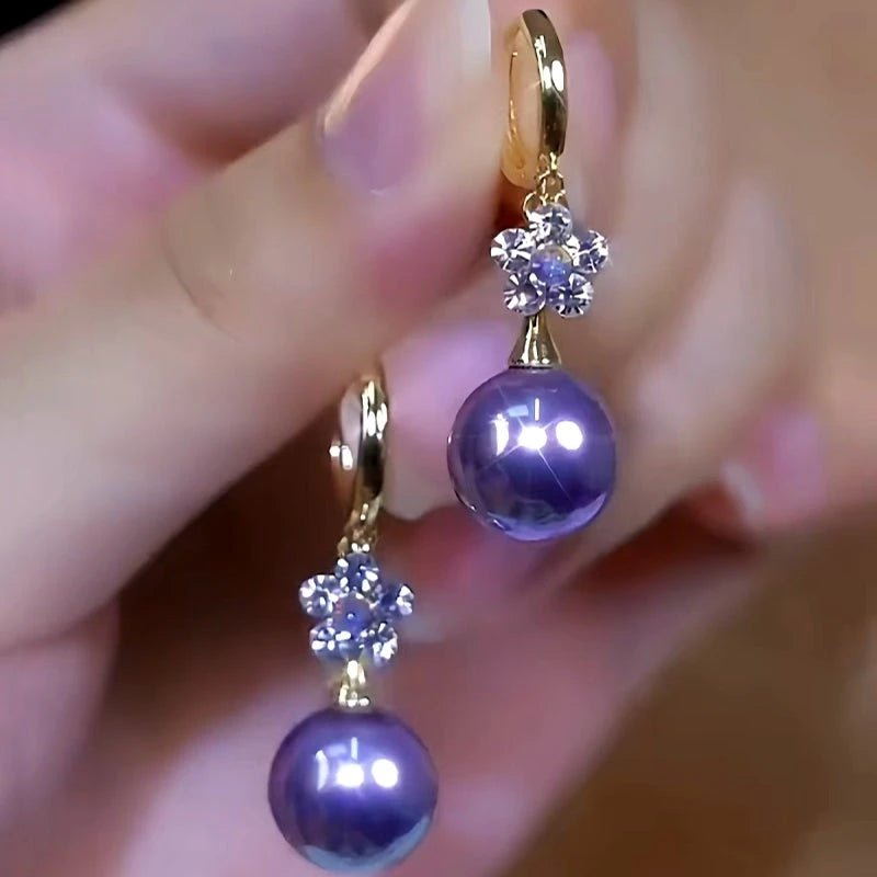 14K Gold-Plated Elegant Zircon Flower Purple Pearl Earrings - elegant purple pearl earrings