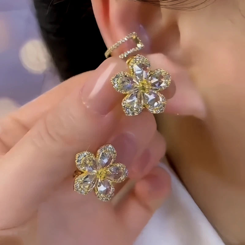 14K Gold-Plated Elegant Zircon Flower Stud Earrings - elegant gold flower earrings