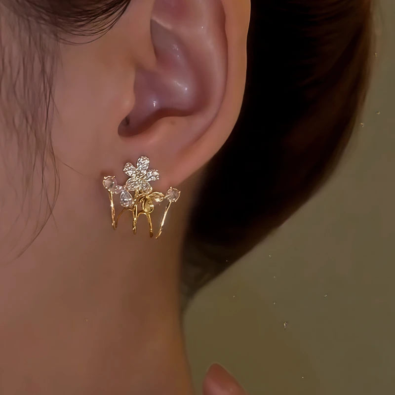 14K Gold-Plated Elegant Zircon Flower Studs - elegant gold flower earrings