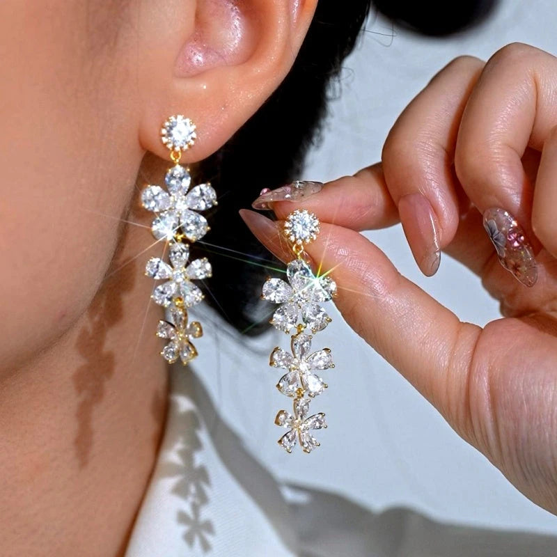 14K Gold-Plated Elegant Zircon Flower Tassel Earrings - elegant gold tassel earrings