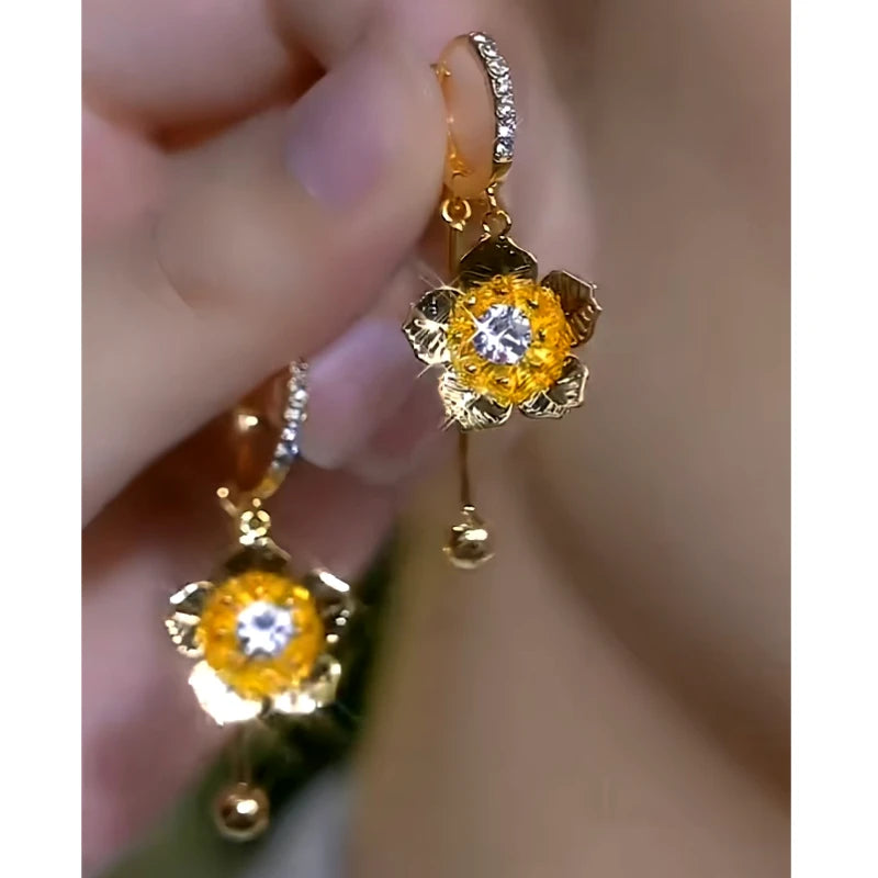 14K Gold-Plated Elegant Zircon Flower Tassel Earrings - elegant gold tassel earrings