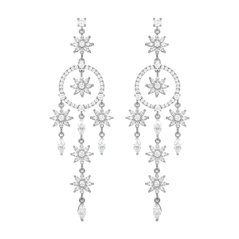 Angled view of the 14K Gold-Plated Elegant Zircon Flower Tassel Earrings