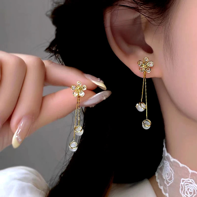 14K Gold-Plated Elegant Zircon Flower Tassel Earrings - elegant gold tassel earrings