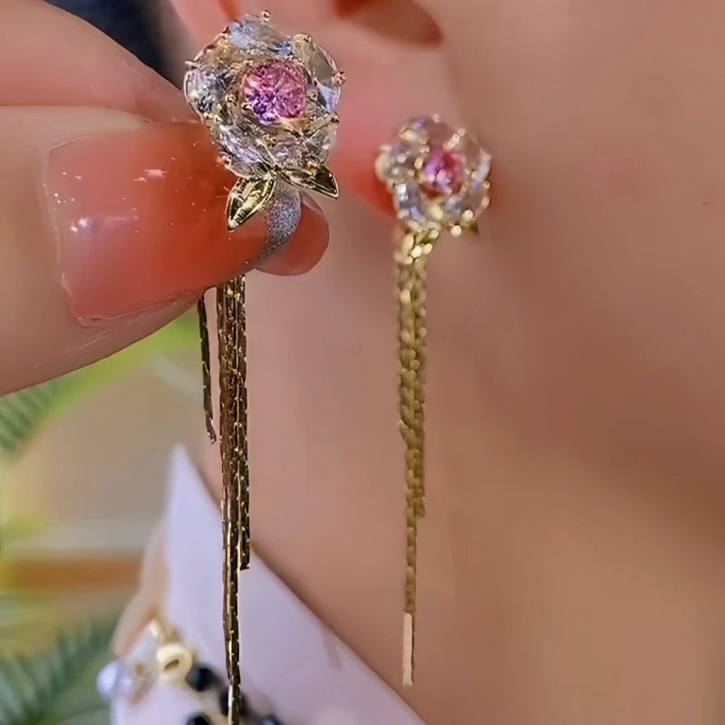 14K Gold-Plated Elegant Zircon Flower Tassel Earrings - elegant gold tassel earrings