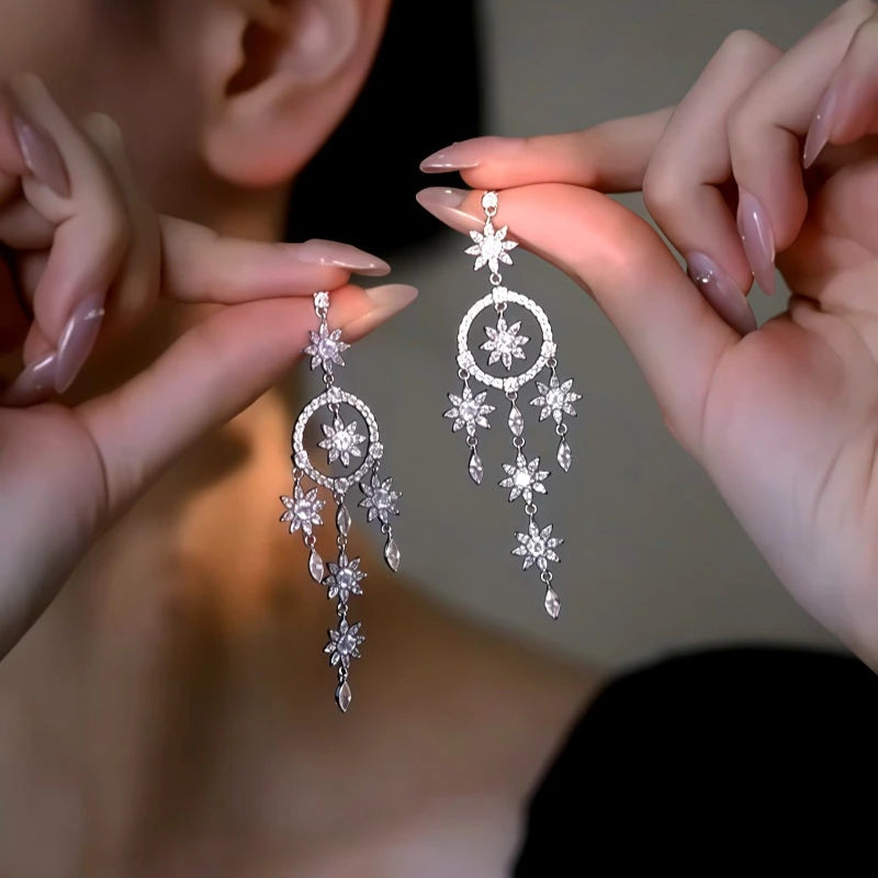 14K Gold-Plated Elegant Zircon Flower Tassel Earrings - elegant silver tassel earrings