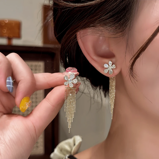 14K Gold-Plated Elegant Zircon Flower Tassel Earrings - elegant gold tassel earrings
