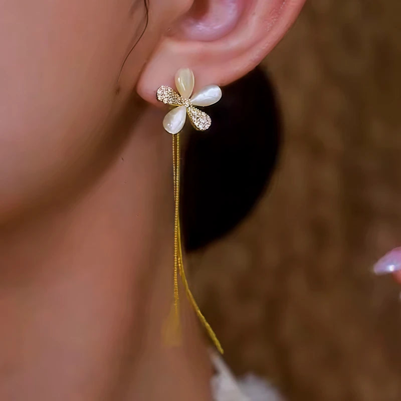 14K Gold-Plated Elegant Zircon Flower Tassel Earrings - elegant gold tassel earrings