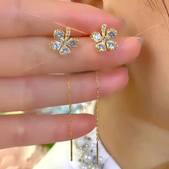 14K Gold-Plated Elegant Zircon Flower Threader Earrings - elegant gold threader earrings