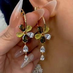 14K Gold-Plated Elegant Zircon Flower Water Drop Tassel Earrings - elegant gold tassel earrings