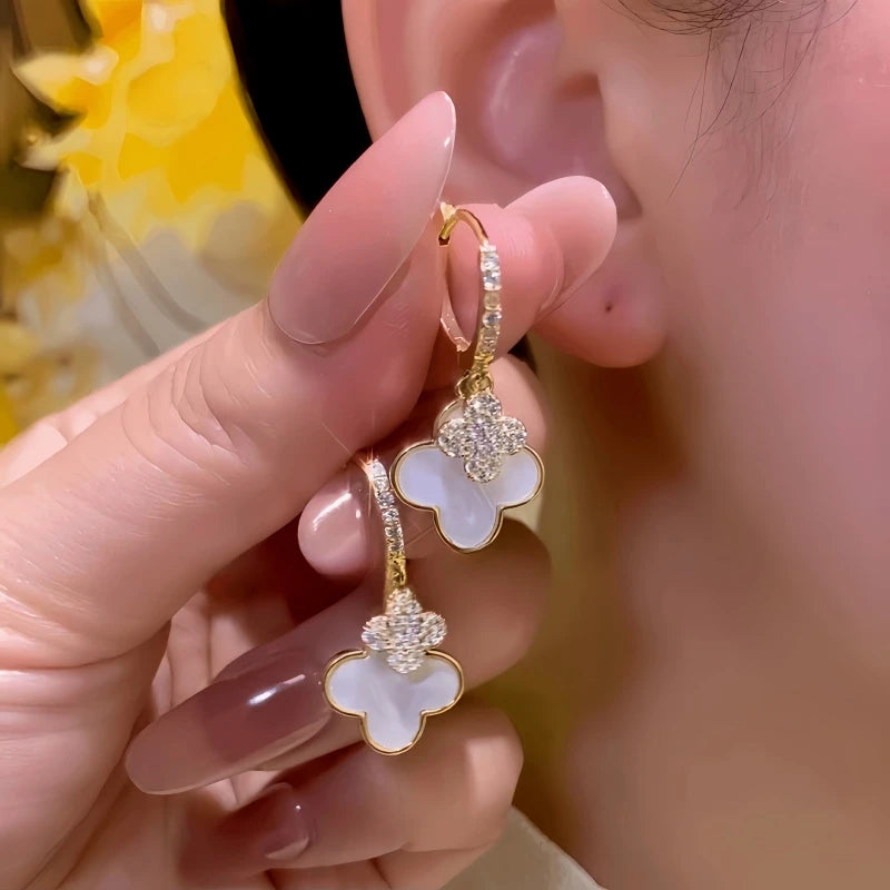 14K Gold-Plated Elegant Zircon Four-Leaf Flower Earrings - elegant clover earrings