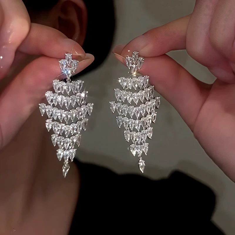 14K Gold-Plated Elegant Zircon Full Diamond Tassel Earrings - elegant silver tassel earrings