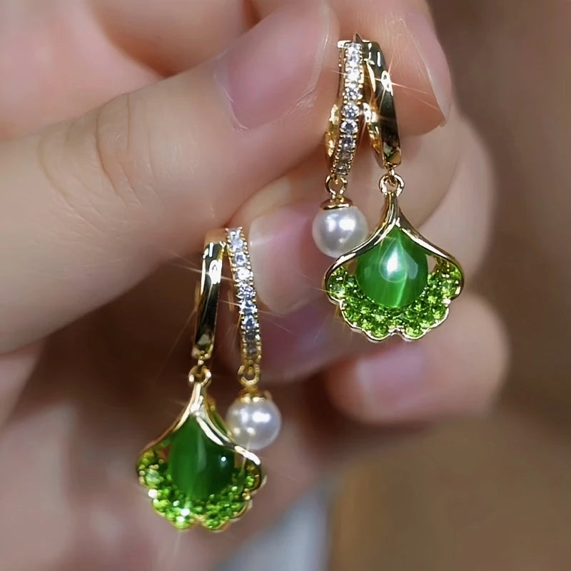14K Gold-Plated Elegant Zircon Gingko Leaf Bead Earrings - elegant gold leaf earrings