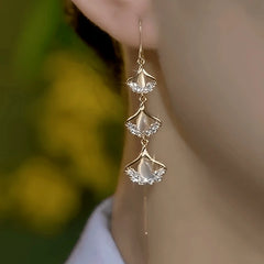 14K Gold-Plated Elegant Zircon Ginkgo Leaf Threader Earrings - elegant gold threader earrings