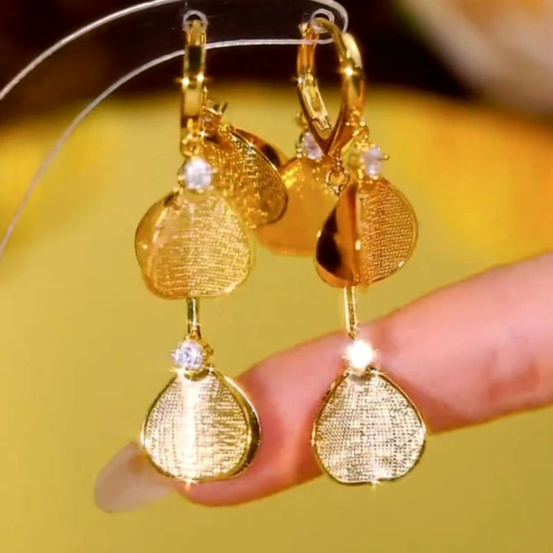 14K Gold-Plated Elegant Zircon Golden Leaf Tassel Earrings - elegant gold tassel earrings